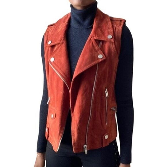 Blank NYC Real Genuine Leather Red Brown Suede Moto Vest - Picture 1 of 8